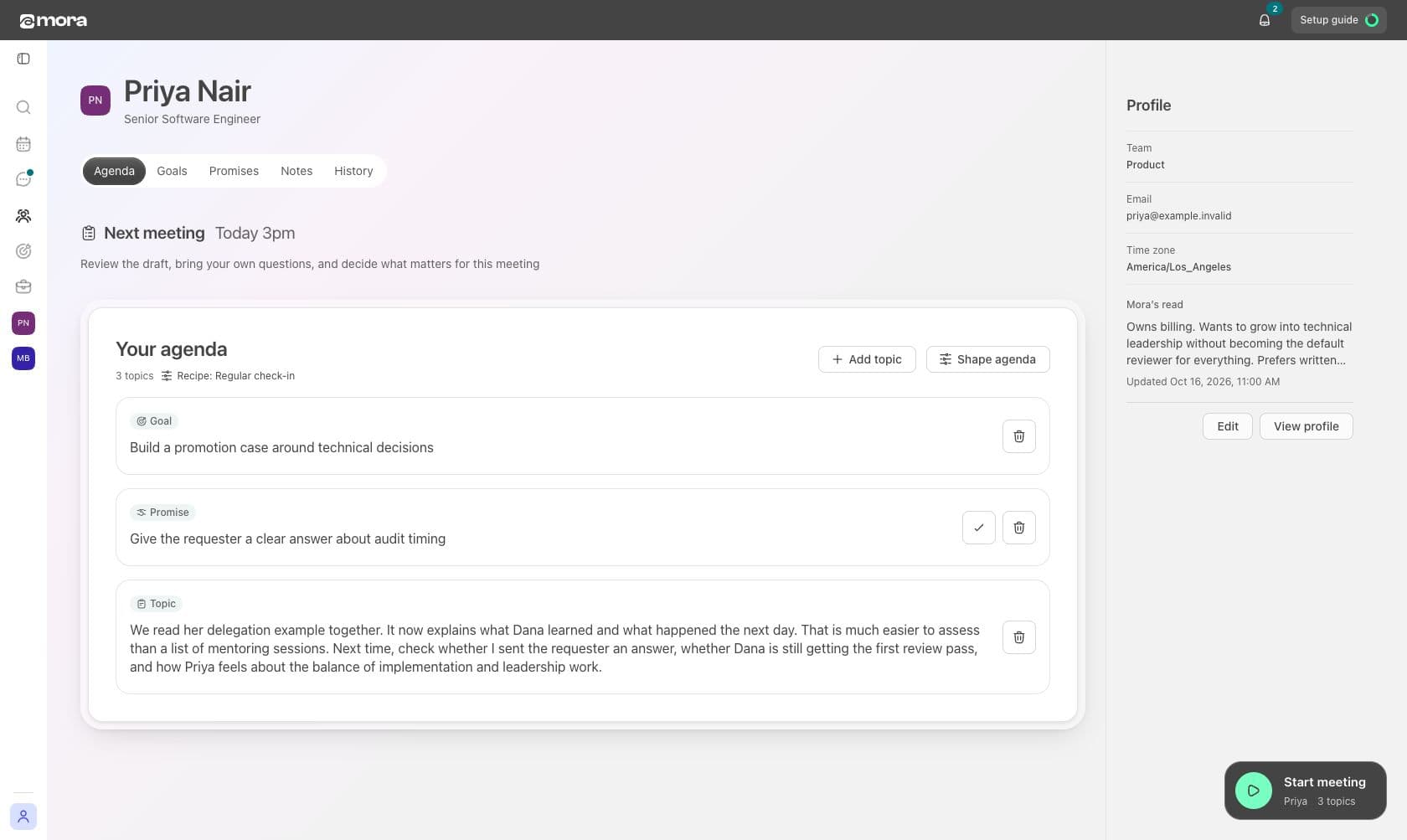 Priya’s relationship hub, with her agenda, goals, promises, and profile together