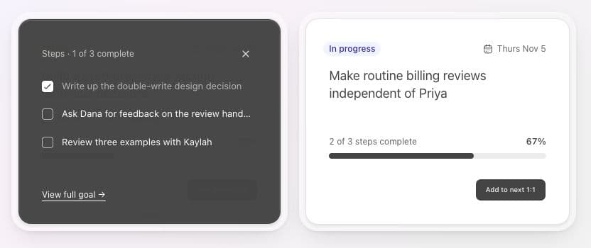 A goal’s task list open inside its card, with completed and remaining steps