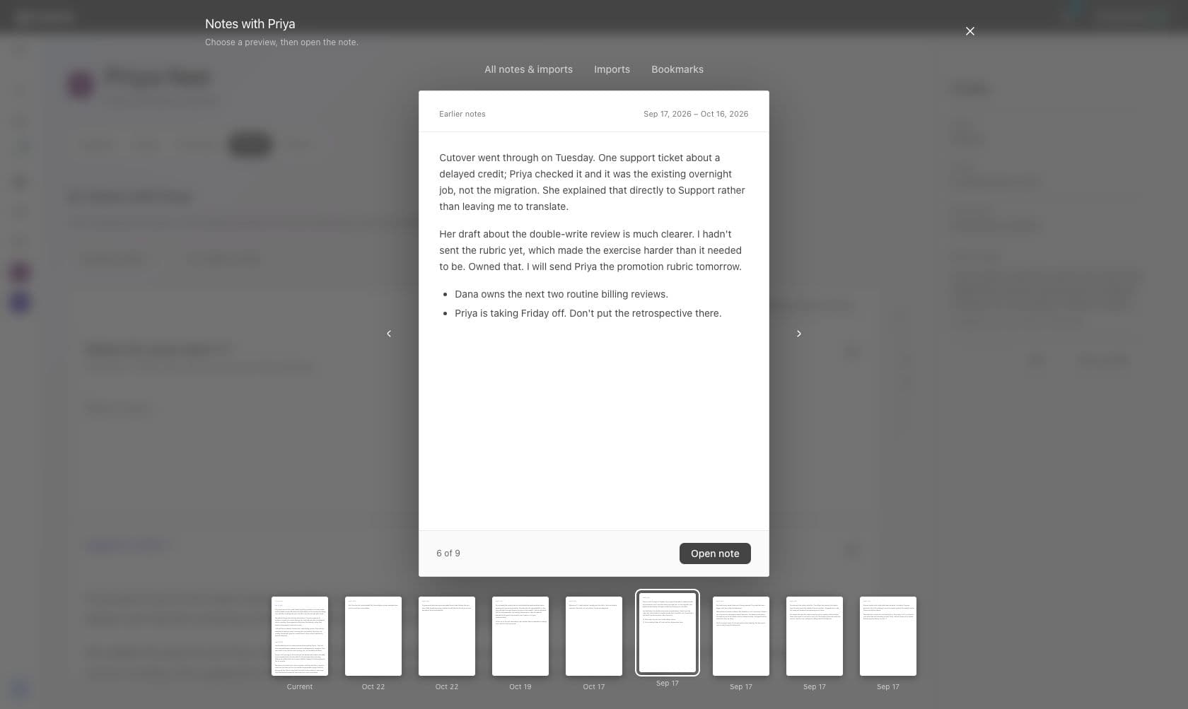 The visual note browser, with a full note preview above a dock of past notes