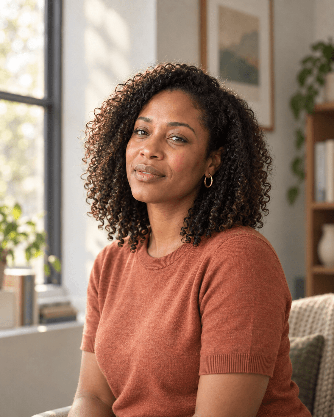 A career coach standing in a bright studio and looking at the camera