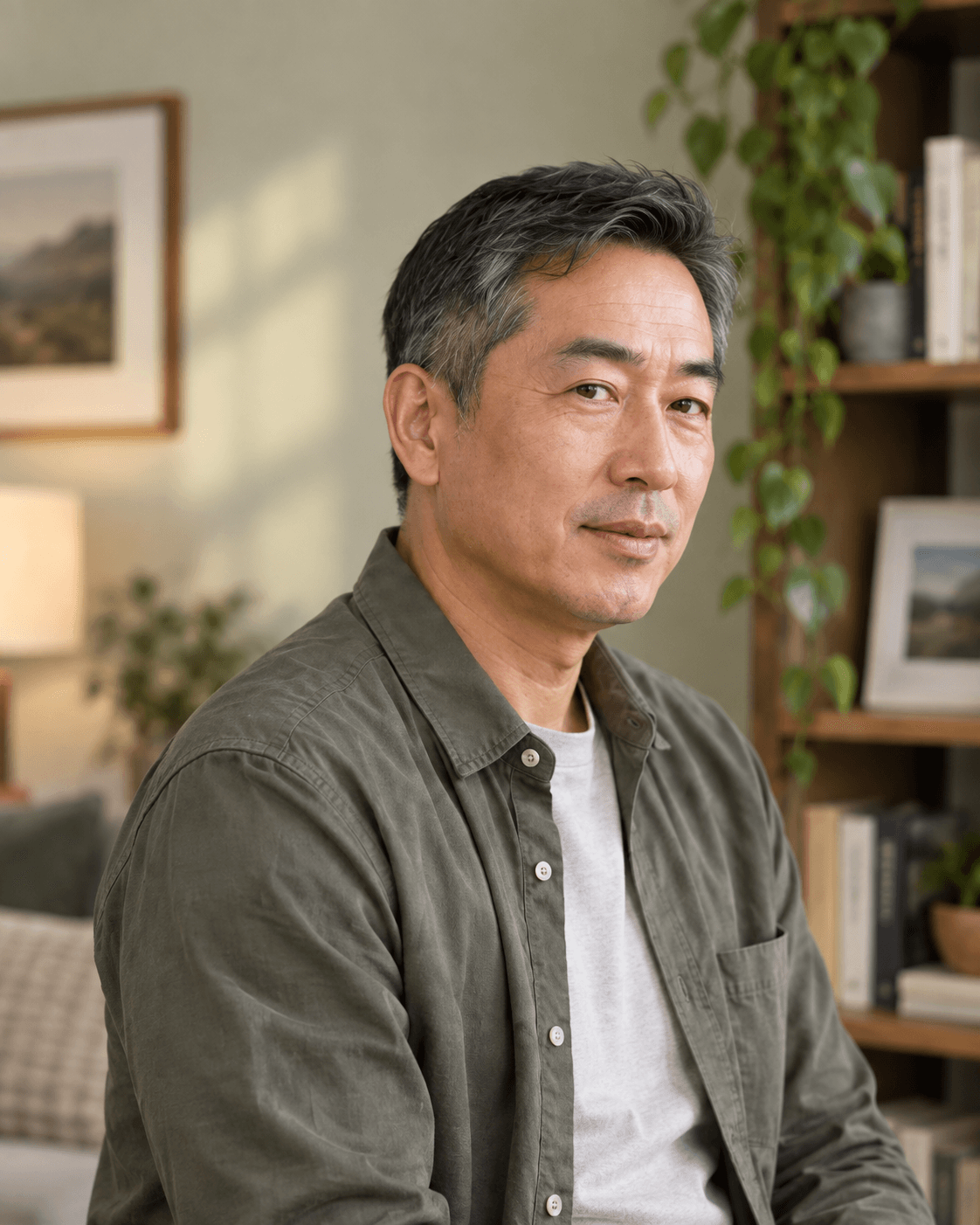 A mentor standing in a home studio and looking at the camera