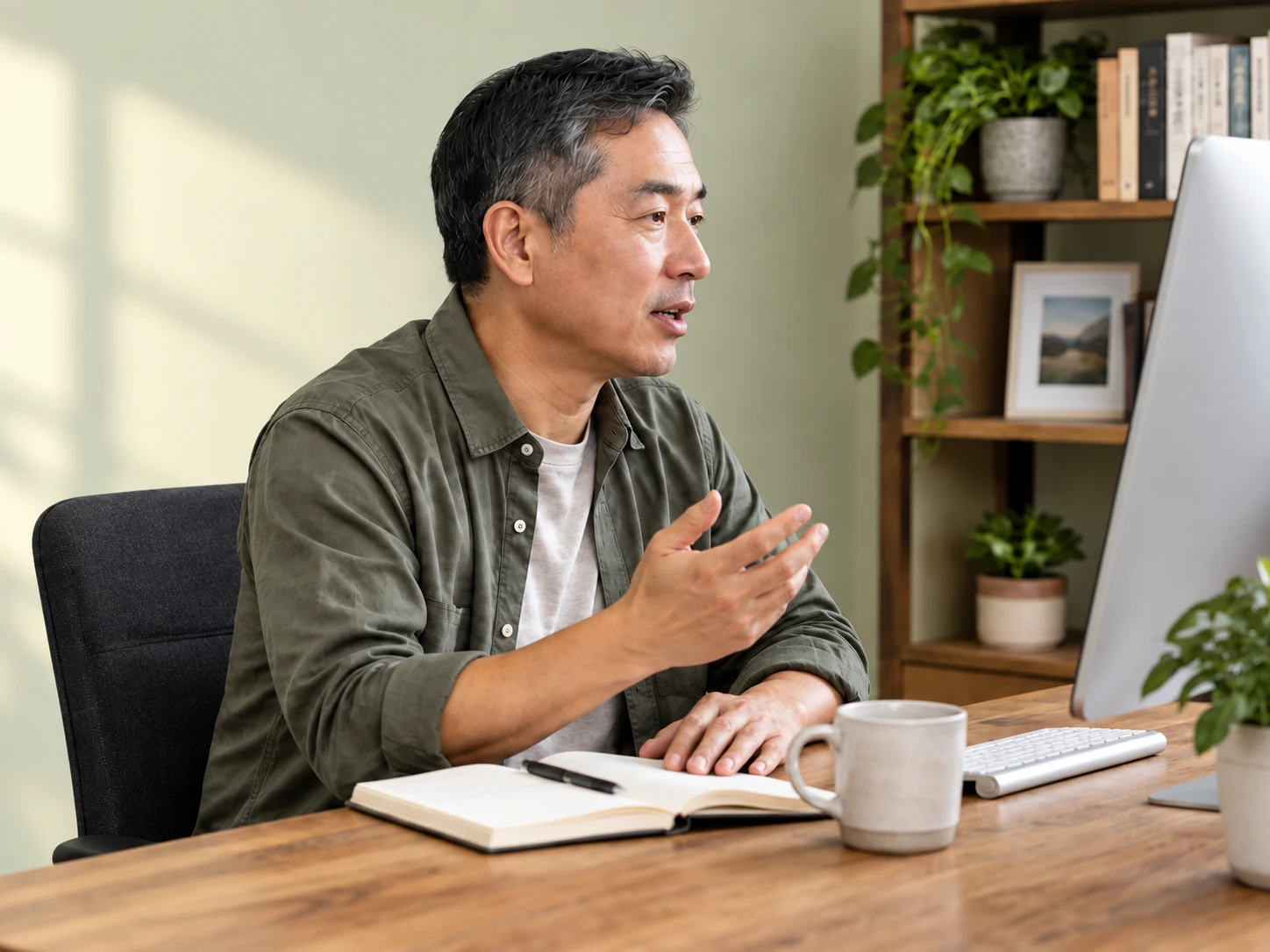 A mentor speaking and gesturing toward his computer screen at a home desk