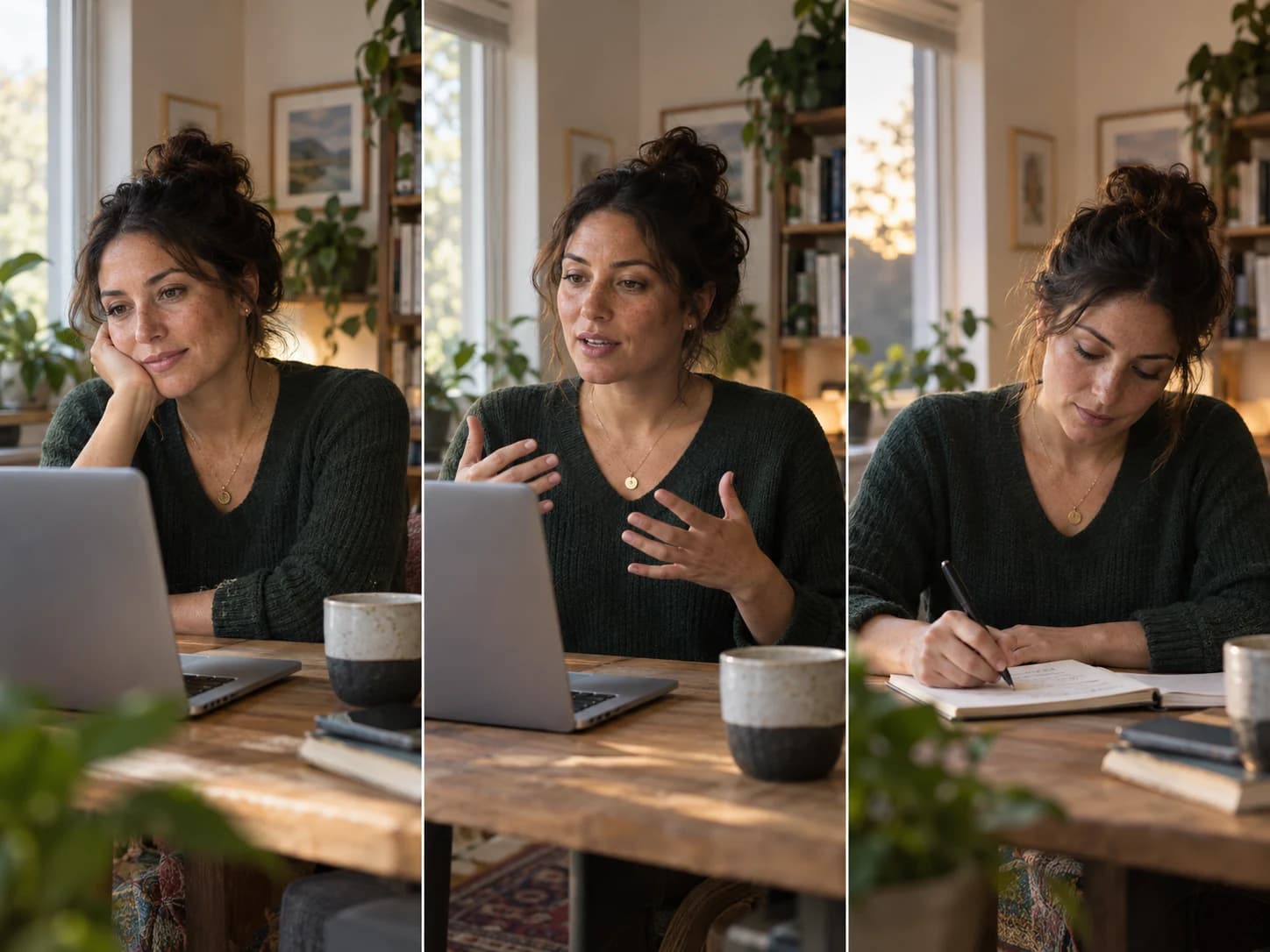 The same manager listening, talking, and reviewing notes across three conversations