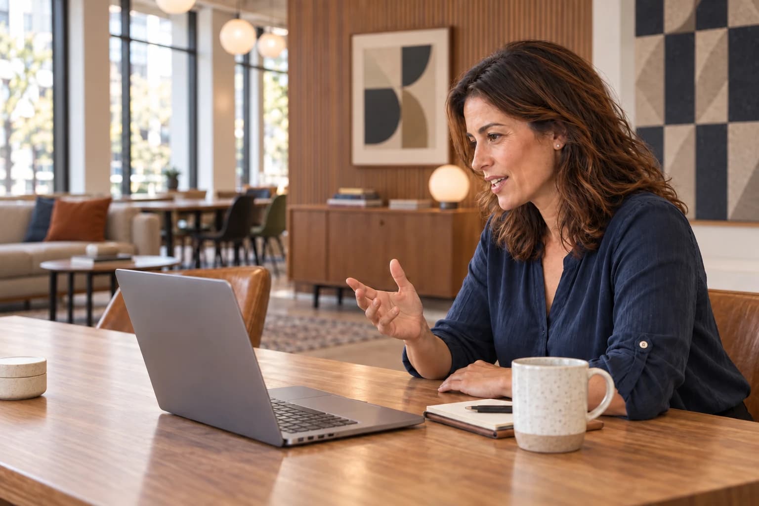 A manager talking through a remote one-on-one in a co-working space