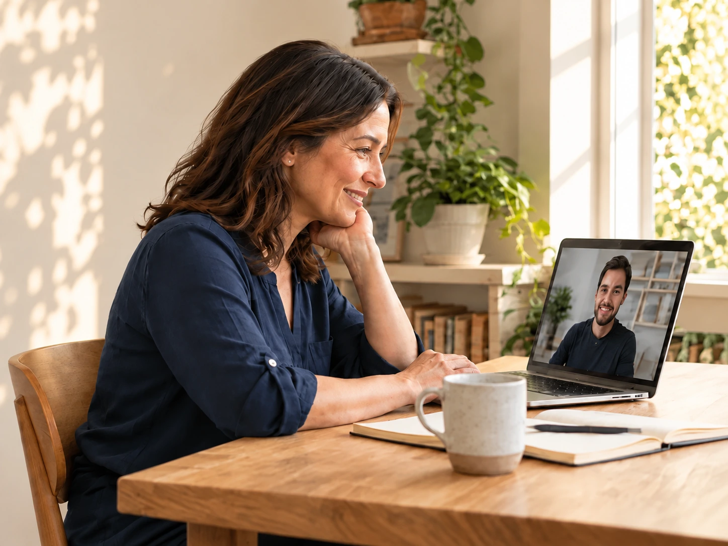 A manager listening to a colleague on a video call at a sunlit desk