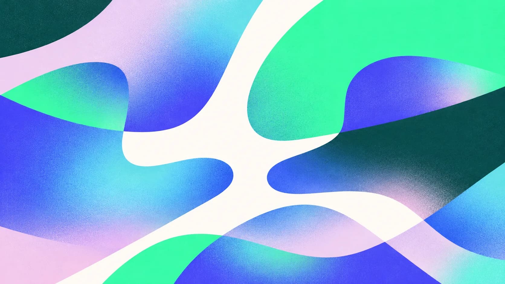 Overlapping ribbons of green, blue, cyan, and lilac with printed grain and warm white spaces.