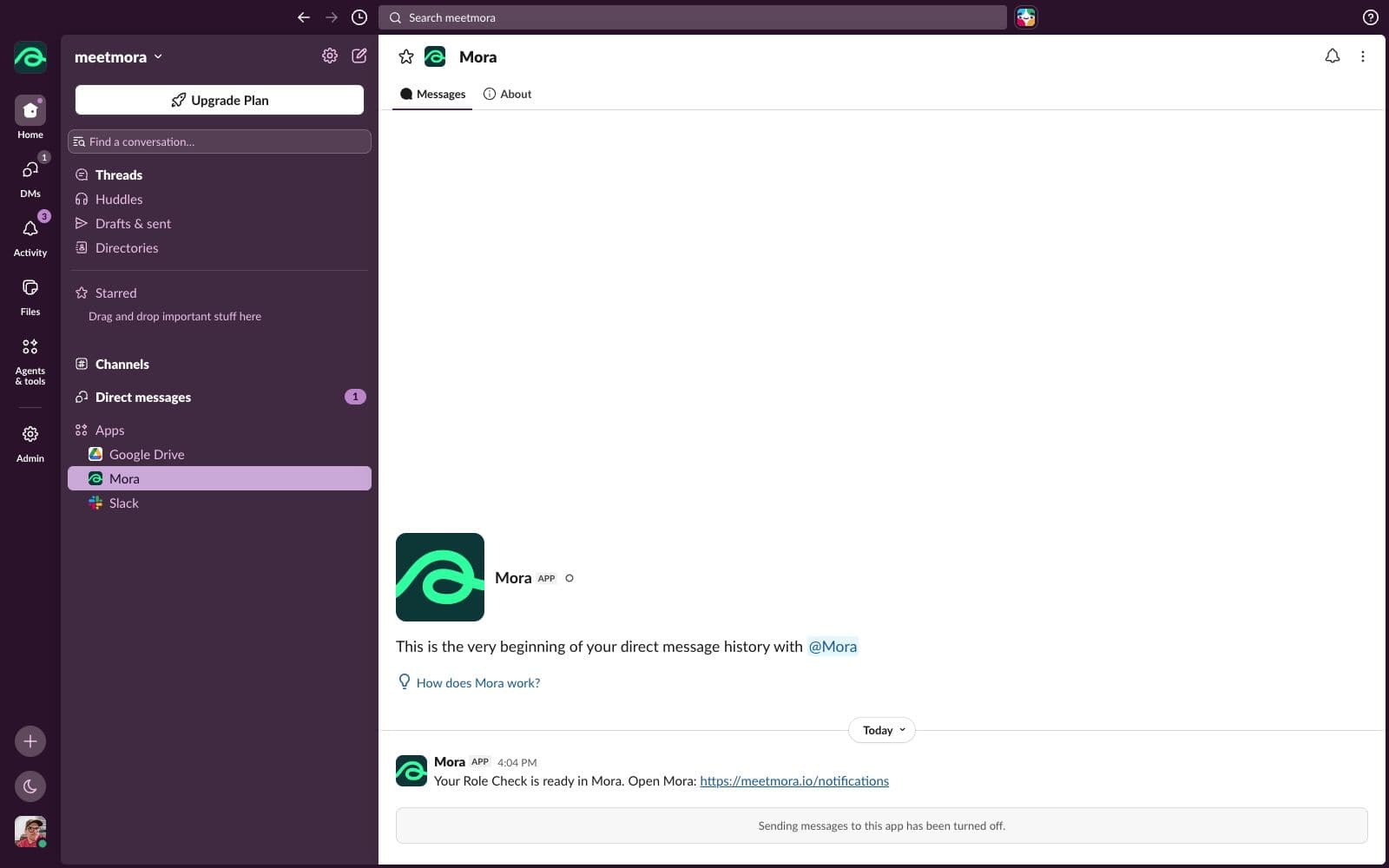Mora sends a private Role Check alert in Slack with a link to the signed-in Mora inbox.